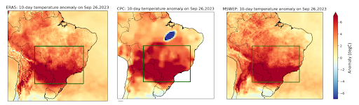 Anomalias da temperatura média máxima diária, referentes a 1980-2010, em comparação ao período de 17 a 26 de setembro de 2023. A área destacada em verde representa a região do estudo [11°S-28°S, 41°W-63°W]. O ponto azul nos dados do CPC fora da região do estudo deve-se a dados ausentes e não afeta o estudo.